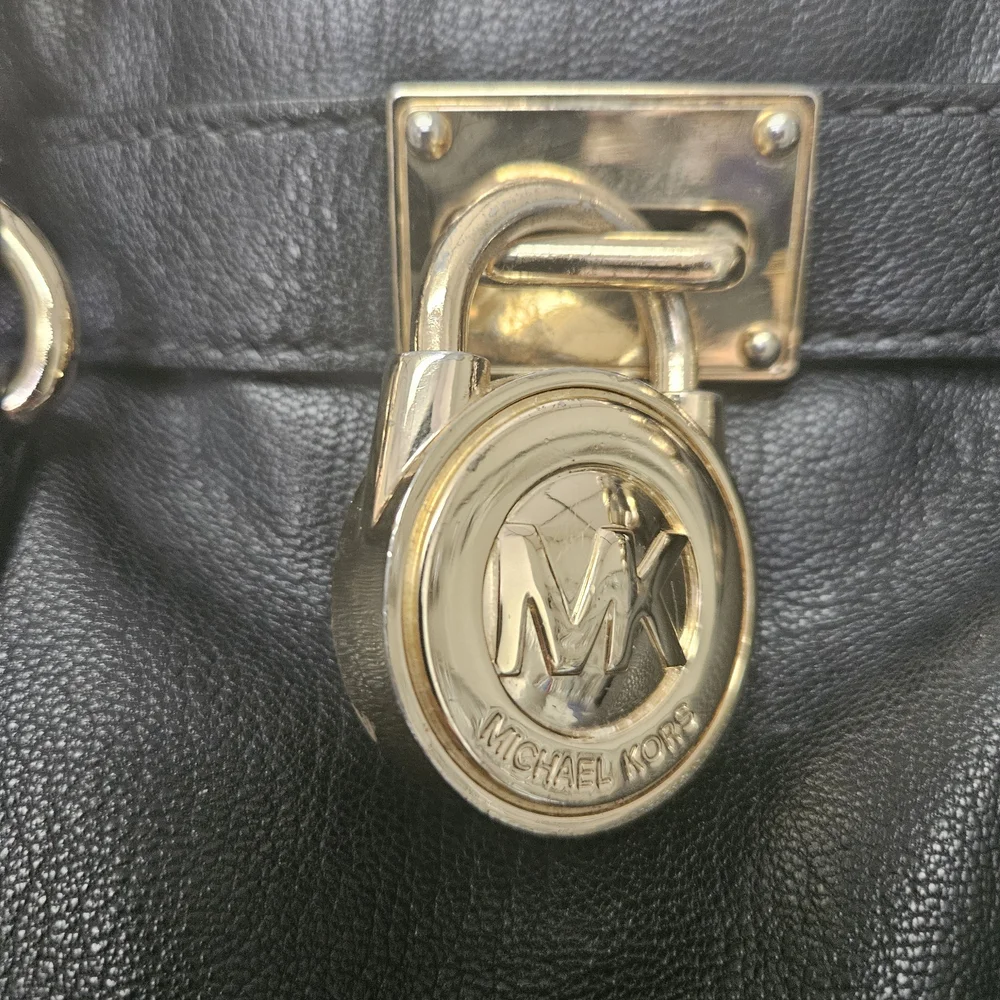 Michael Kors Black Leather Hamilton Large North South Tote with Gold Accents